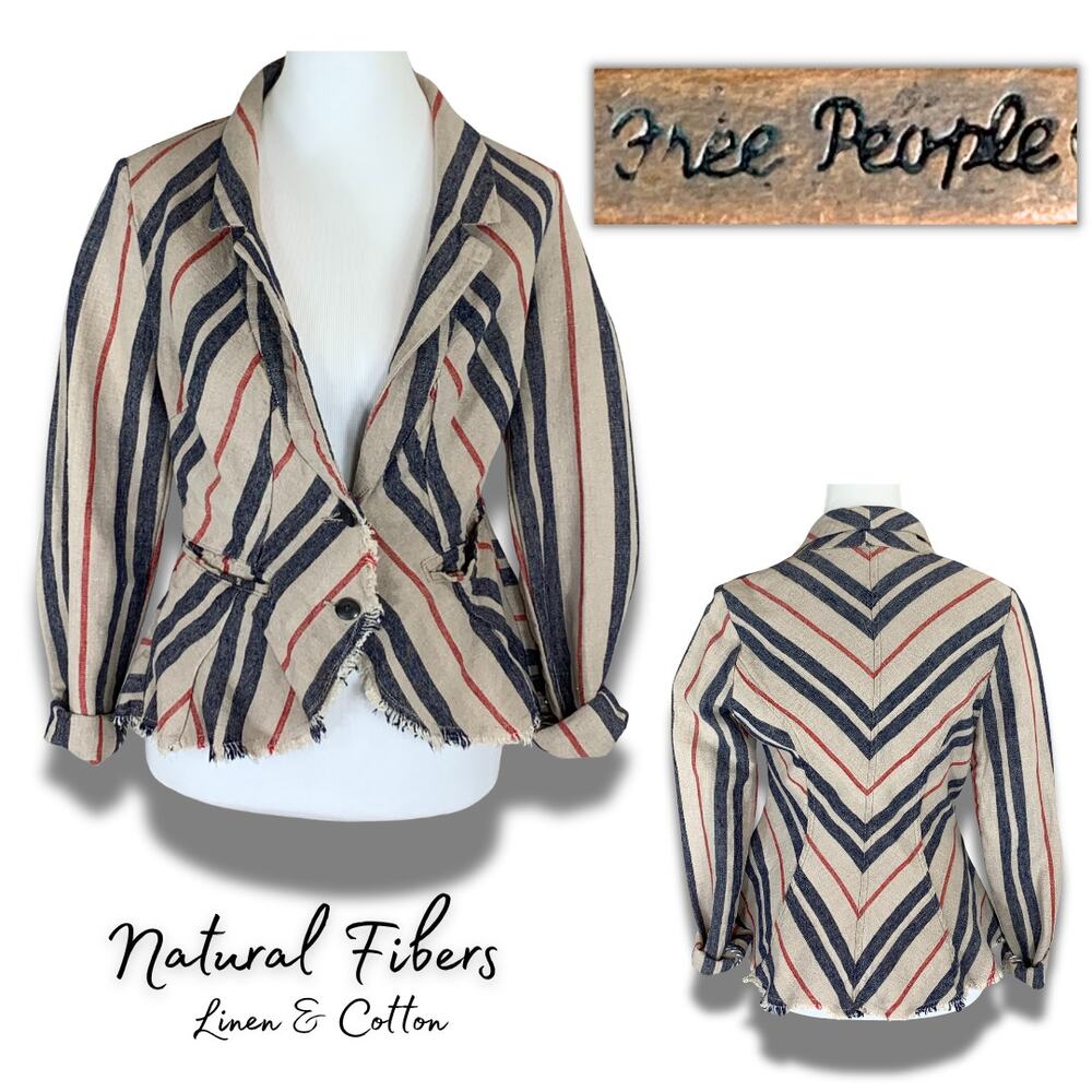 FreePeople Boho Linen Stripe Blazer Jacket Art Rustic Whimsy Gypsy Summer Indie